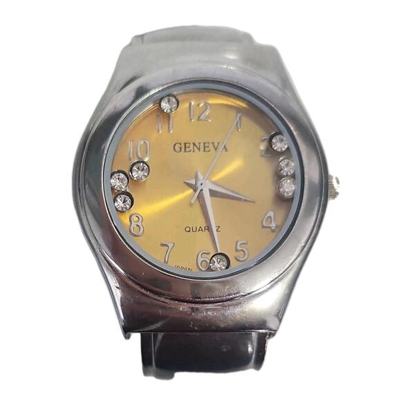 Geneva Accessories - Vtg Geneva Womens Watch Gold Tone Face w Crystal stones + Cuff Bracelet Japan